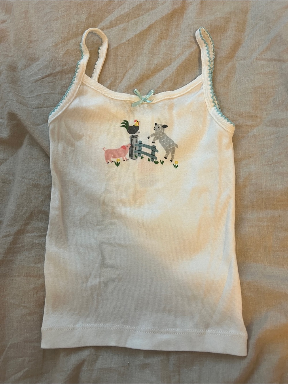 Mini Boden Girls White Farm Animal Tank Top with Mint Trim